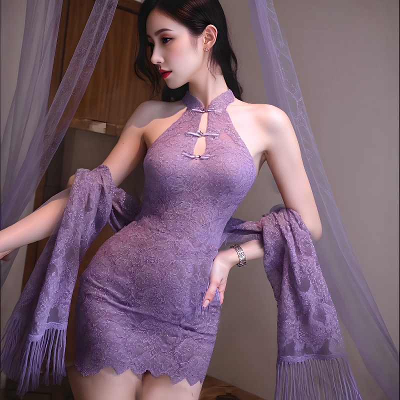 情趣内衣性感辣妹新中式紫色纯欲开衫蕾丝镂空旗袍挂脖连衣裙套装